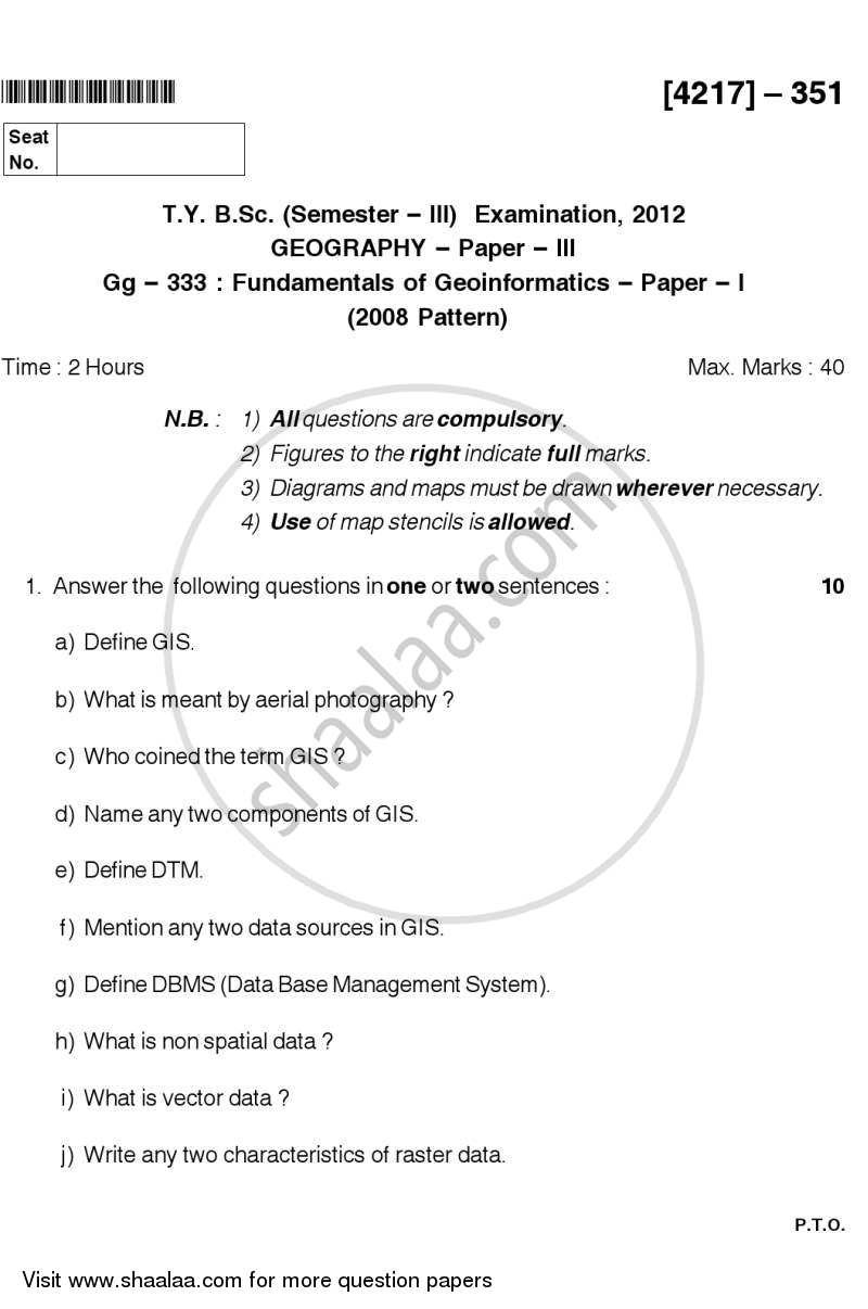 Fundamentals of Geoinformatics 2 2012-2013 - B.Sc. - Semester 5 (TYBSc) - University of Pune question paper with PDF download