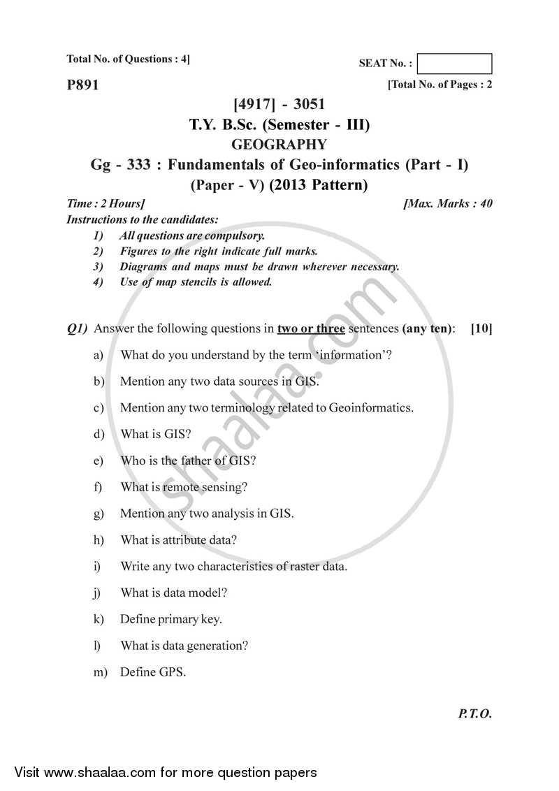 Fundamentals of Geoinformatics 2 2015-2016 - B.Sc. - Semester 5 (TYBSc) - University of Pune question paper with PDF download