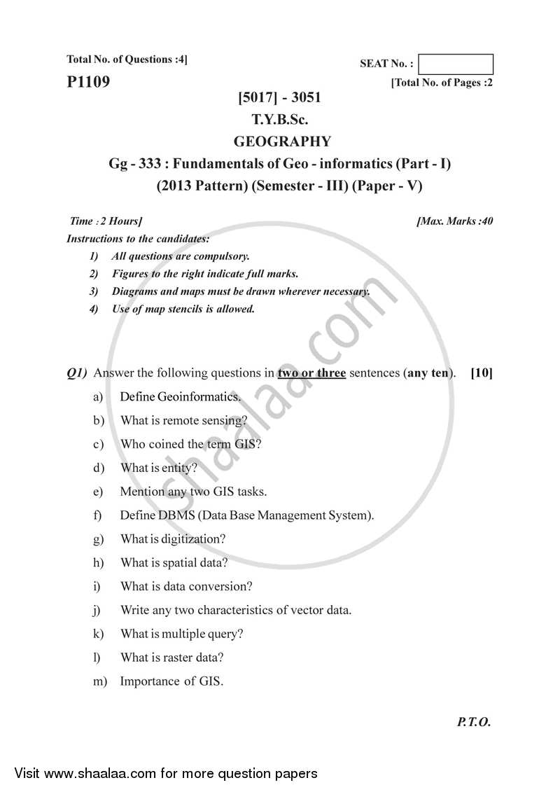 Fundamentals of Geoinformatics 2 2016-2017 - B.Sc. - Semester 5 (TYBSc) - University of Pune question paper with PDF download