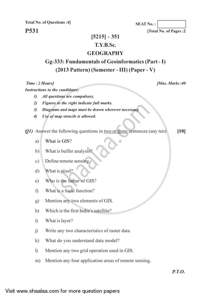 Fundamentals of Geoinformatics 2 2017-2018 - B.Sc. - Semester 5 (TYBSc) - University of Pune question paper with PDF download