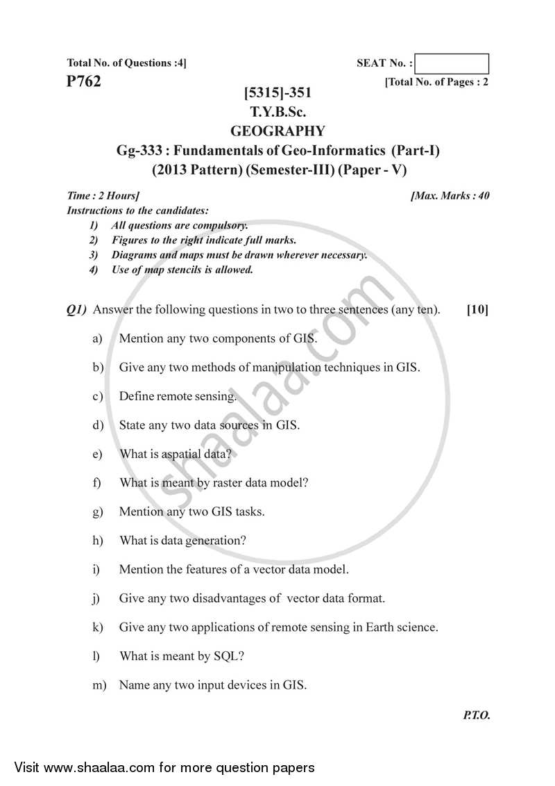 Fundamentals of Geoinformatics 2 2017-2018 - B.Sc. - Semester 5 (TYBSc) - University of Pune question paper with PDF download