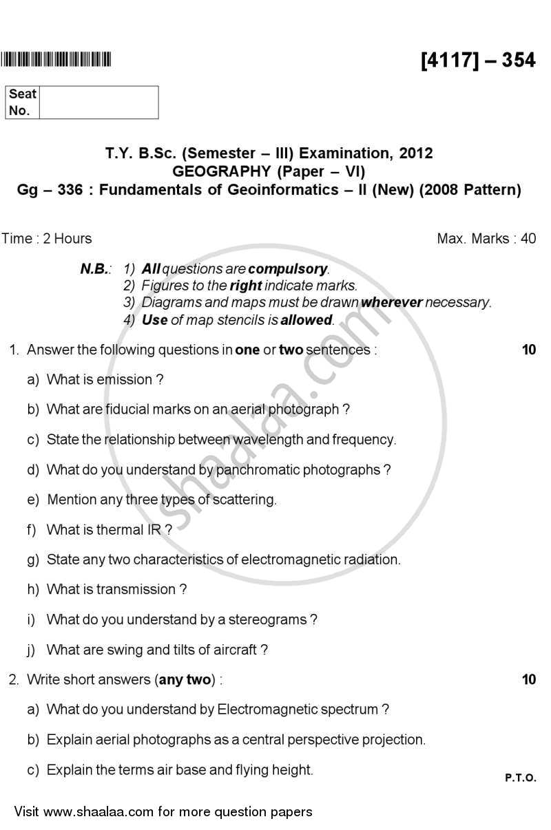 Fundamentals of Geoinformatics 3 2011-2012 - B.Sc. - Semester 5 (TYBSc) - University of Pune question paper with PDF download