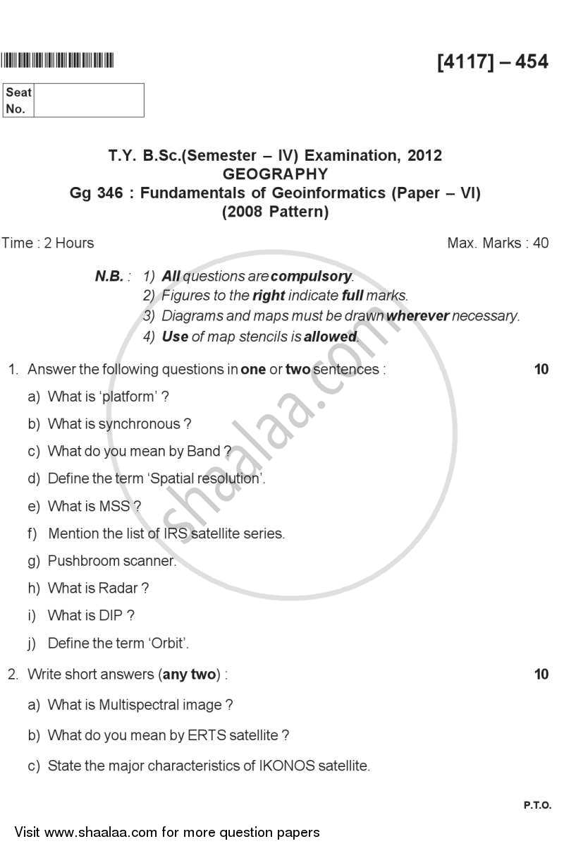 Fundamentals of Geoinformatics 4 2011-2012 - B.Sc. - Semester 6 (TYBSc) - University of Pune question paper with PDF download