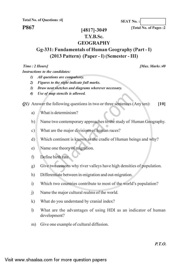 Fundamentals of Human Geography 1 2015-2016 - B.Sc. - Semester 5 (TYBSc) - University of Pune question paper with PDF download
