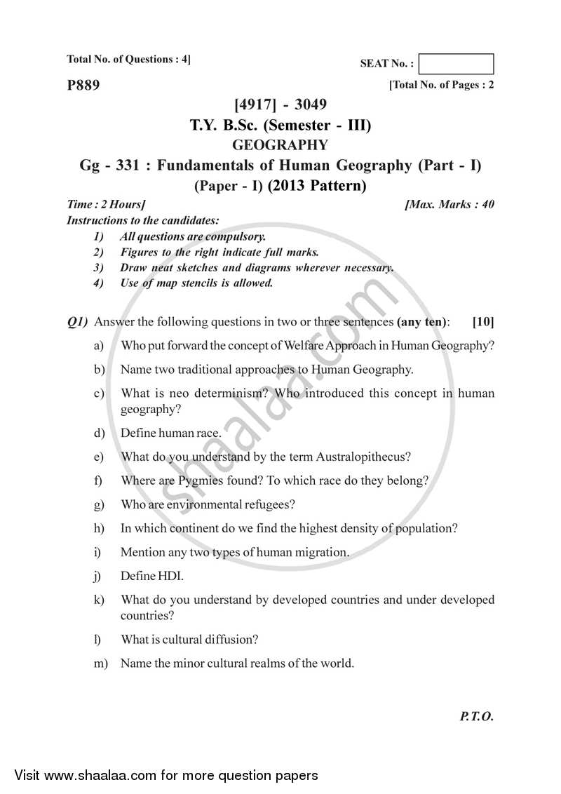 Fundamentals of Human Geography 1 2015-2016 - B.Sc. - Semester 5 (TYBSc) - University of Pune question paper with PDF download