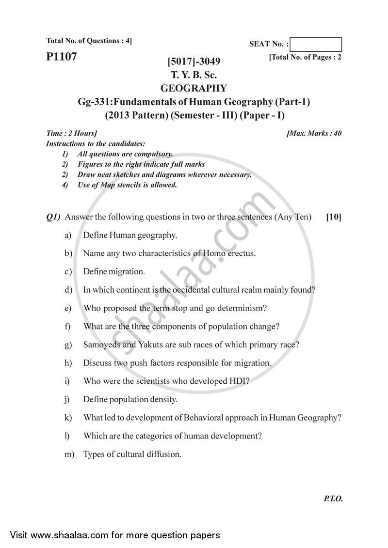 Fundamentals of Human Geography 1 2016-2017 - B.Sc. - Semester 5 (TYBSc) - University of Pune question paper with PDF download