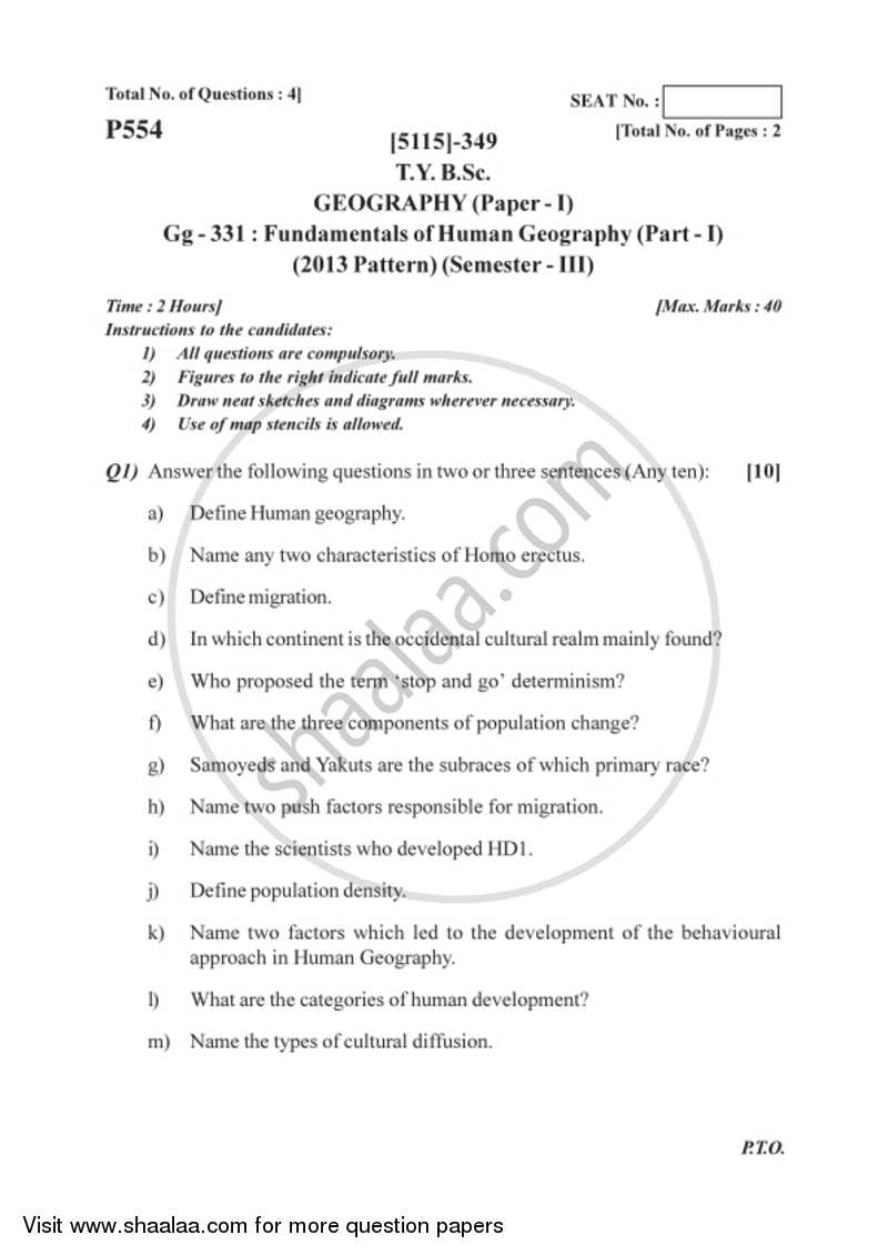 Fundamentals of Human Geography 1 2016-2017 - B.Sc. - Semester 5 (TYBSc) - University of Pune question paper with PDF download