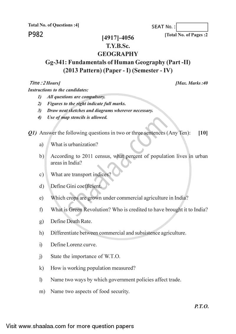 Fundamentals of Human Geography 2 2015-2016 - B.Sc. - Semester 6 (TYBSc) - University of Pune question paper with PDF download