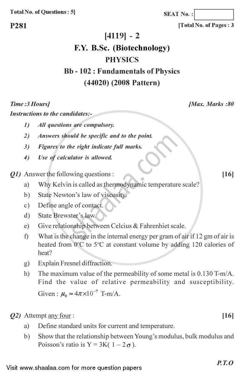 Fundamentals of Physics 2012-2013 - B.Sc. - Semester 2 (FYBSc) - University of Pune question paper with PDF download