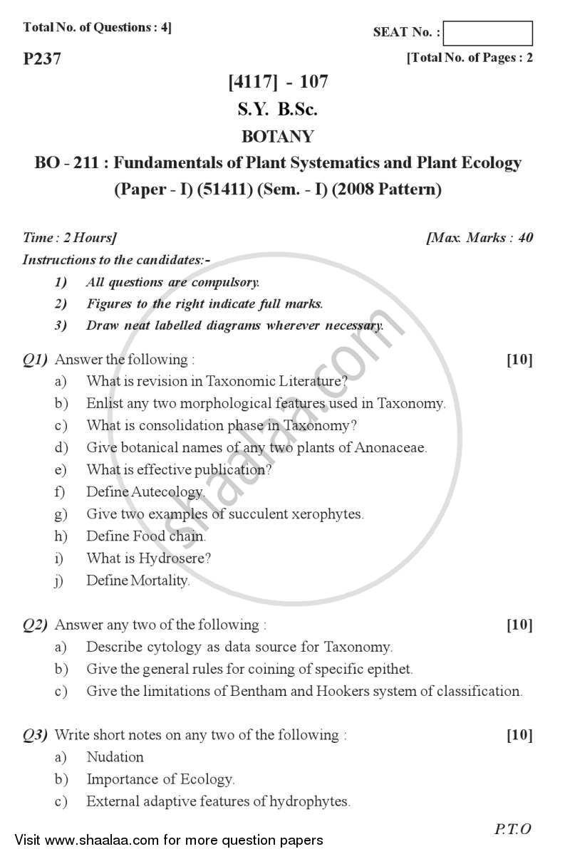 Fundamentals of Plant Systematics and Plant Ecology 2012-2013 - B.Sc. - Semester 3 (SYBSc) - University of Pune question paper with PDF download