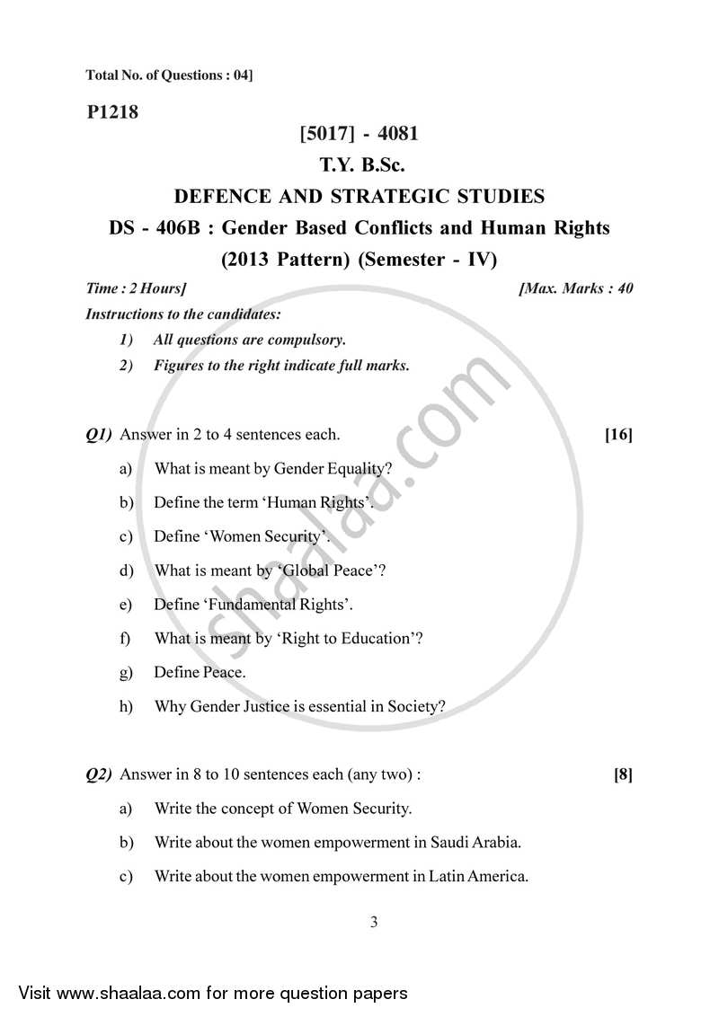 Gender Based Conflicts and Human Rights 2016-2017 - B.Sc. - Semester 6 (TYBSc) - University of Pune question paper with PDF download