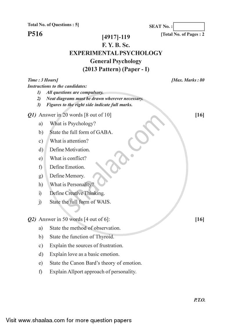 General Psychology 2015-2016 - B.Sc. - Semester 2 (FYBSc) - University of Pune question paper with PDF download