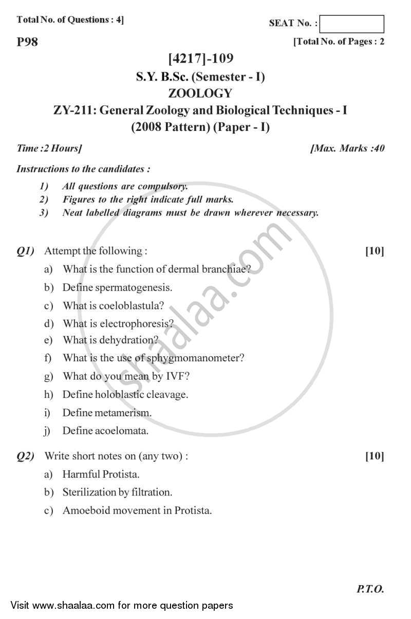 General Zoology and Biological Techniques 1 2012-2013 - B.Sc. - Semester 3 (SYBSc) - University of Pune question paper with PDF download