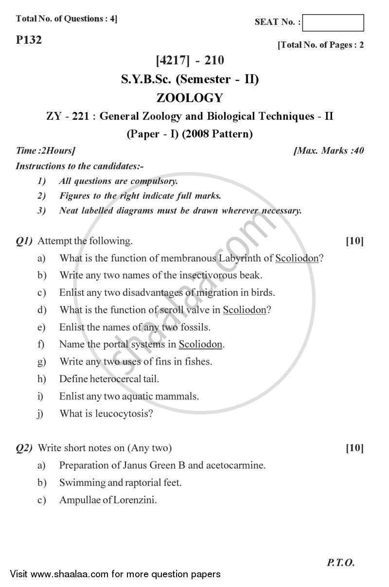 General Zoology and Biological Techniques 2 2012-2013 - B.Sc. - Semester 4 (SYBSc) - University of Pune question paper with PDF download