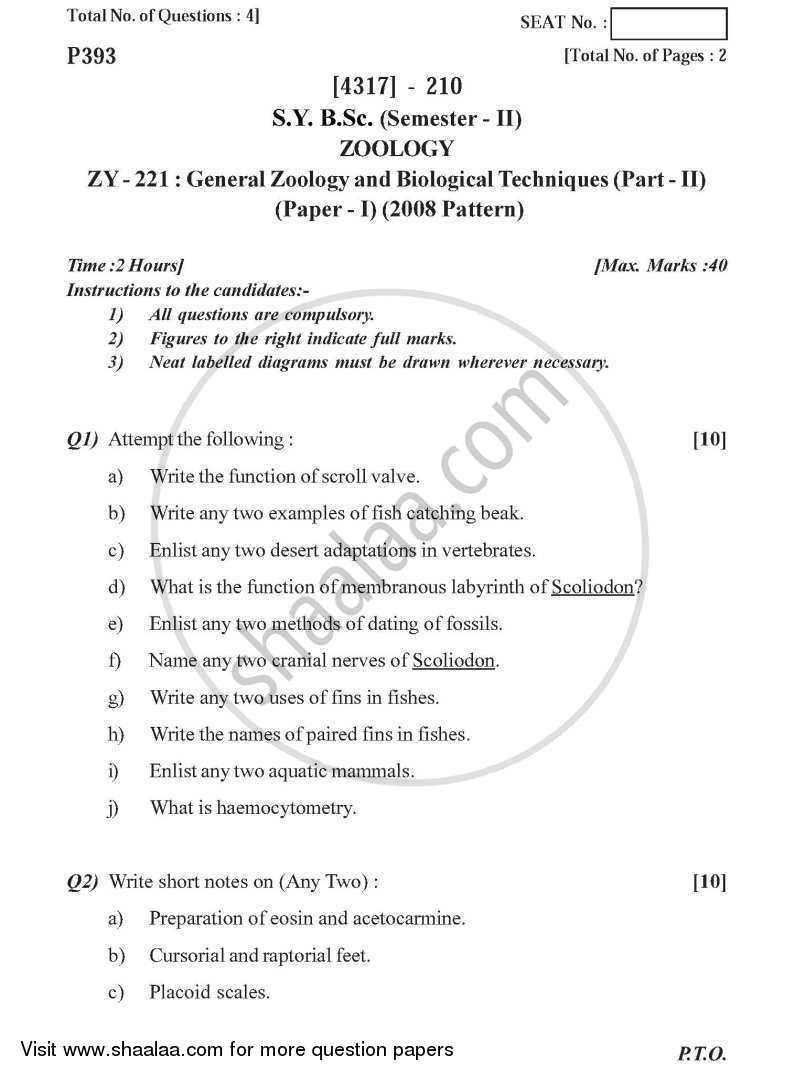 General Zoology and Biological Techniques 2 2013-2014 - B.Sc. - Semester 4 (SYBSc) - University of Pune question paper with PDF download