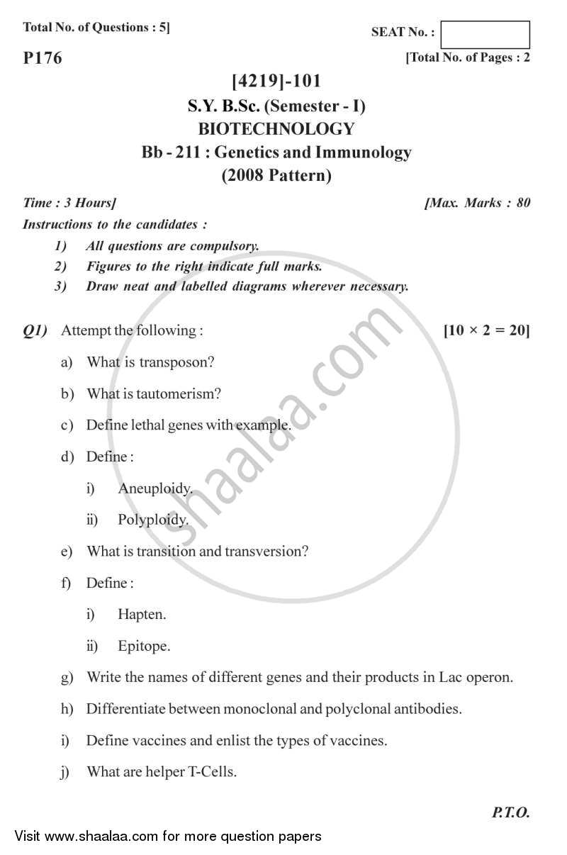 Genetics and Immunology 2012-2013 - B.Sc. - Semester 3 (SYBSc) - University of Pune question paper with PDF download