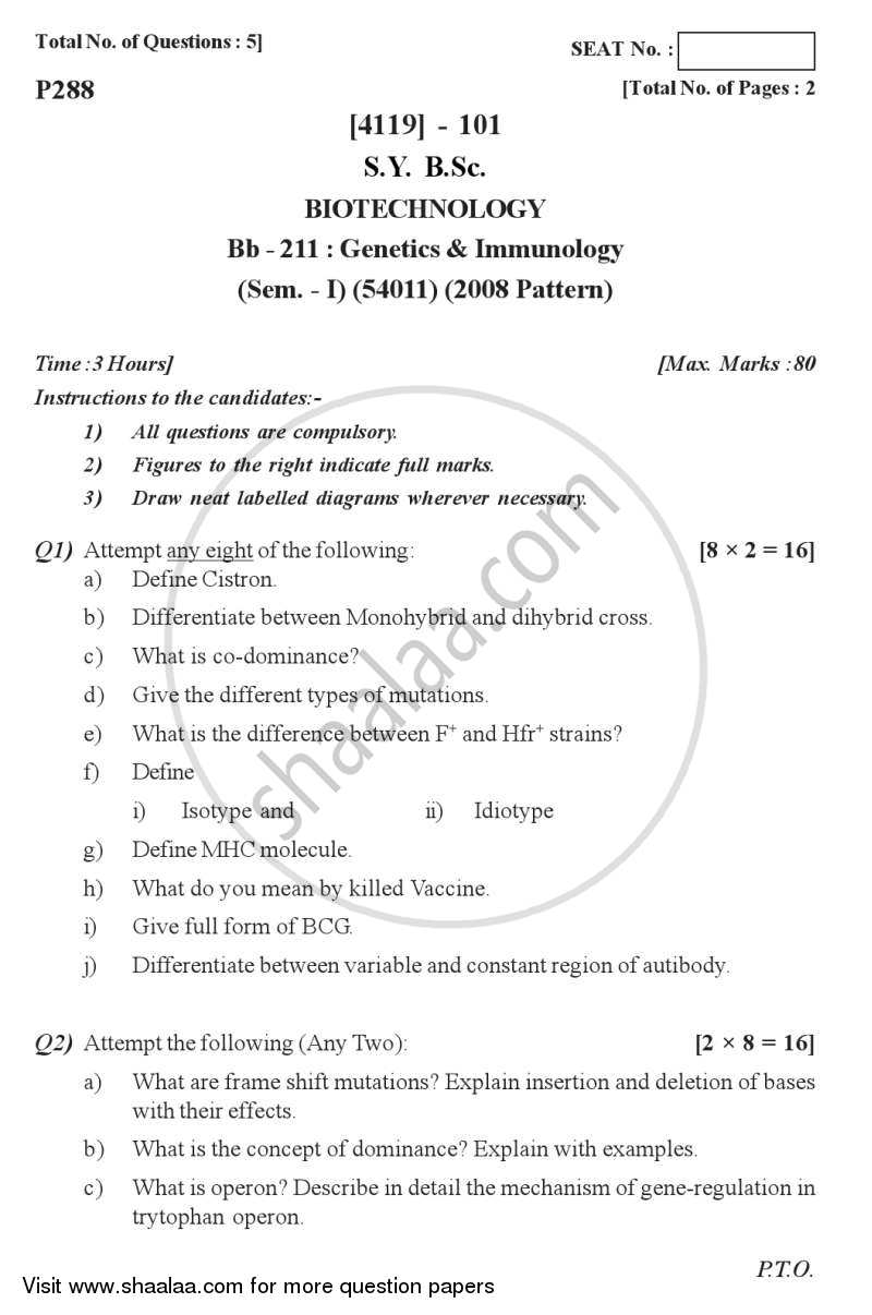 Genetics and Immunology 2012-2013 - B.Sc. - Semester 3 (SYBSc) - University of Pune question paper with PDF download
