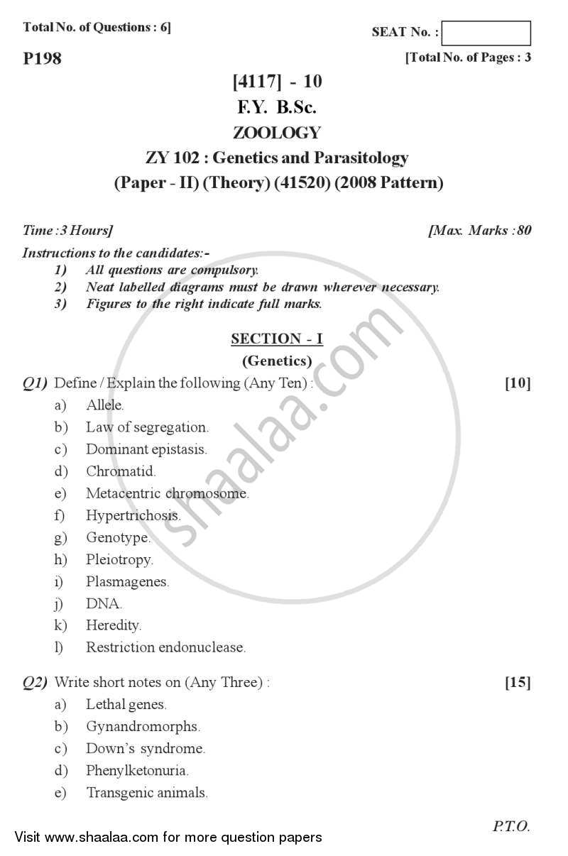 Genetics and Parasitology 2012-2013 - B.Sc. - Semester 2 (FYBSc) - University of Pune question paper with PDF download