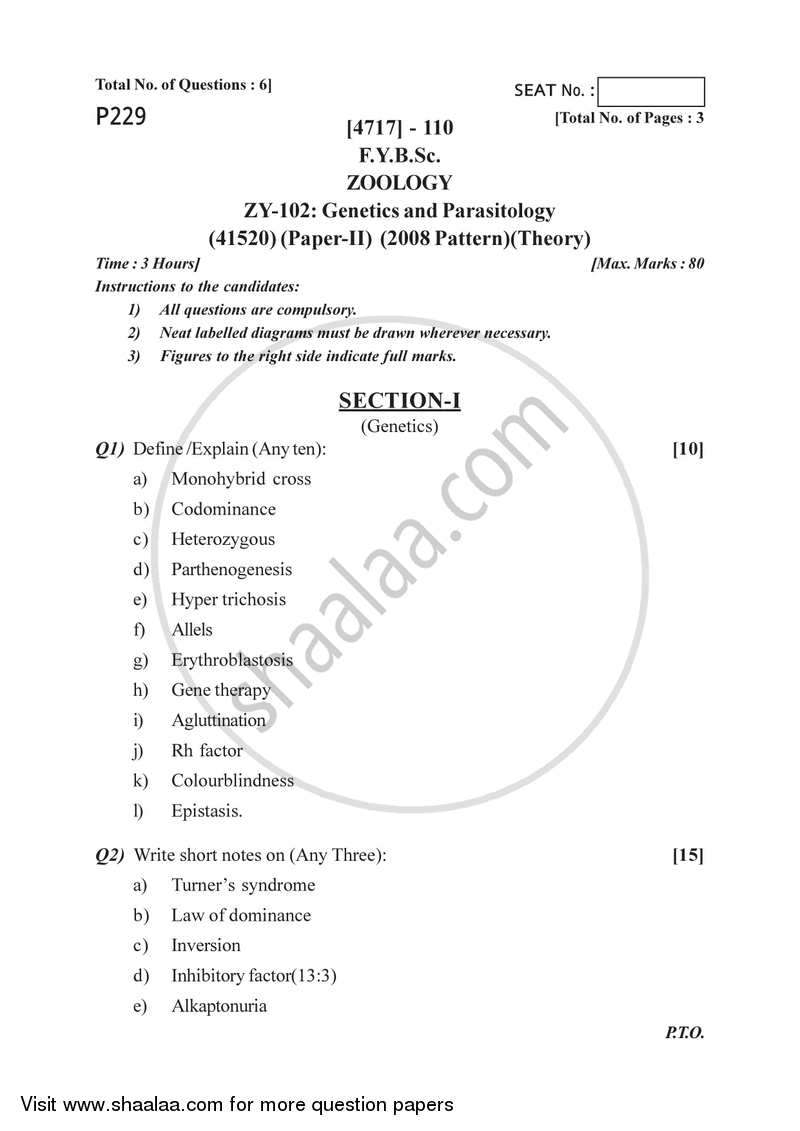 Genetics and Parasitology 2014-2015 - B.Sc. - Semester 2 (FYBSc) - University of Pune question paper with PDF download