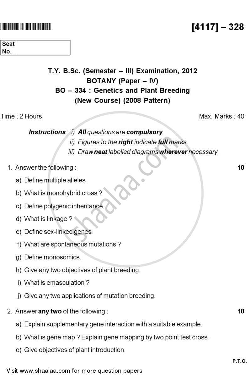 Genetics and Plant Breeding 2012-2013 - B.Sc. - Semester 5 (TYBSc) - University of Pune question paper with PDF download