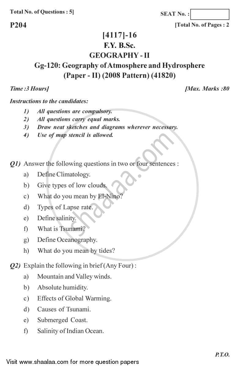 Geography of Atmosphere and Hydrosphere 2012-2013 - B.Sc. - Semester 2 (FYBSc) - University of Pune question paper with PDF download