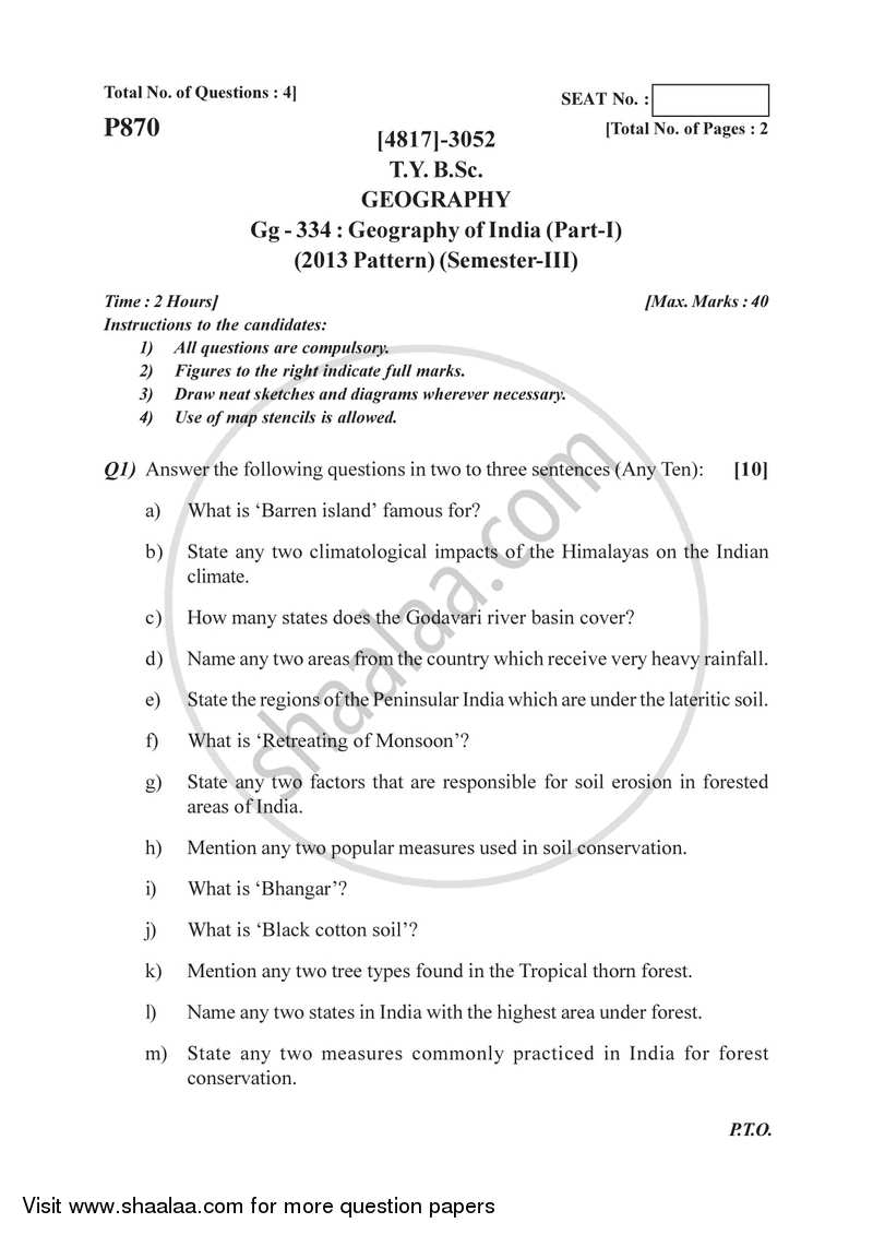 Geography of India 1 2015-2016 - B.Sc. - Semester 5 (TYBSc) - University of Pune question paper with PDF download