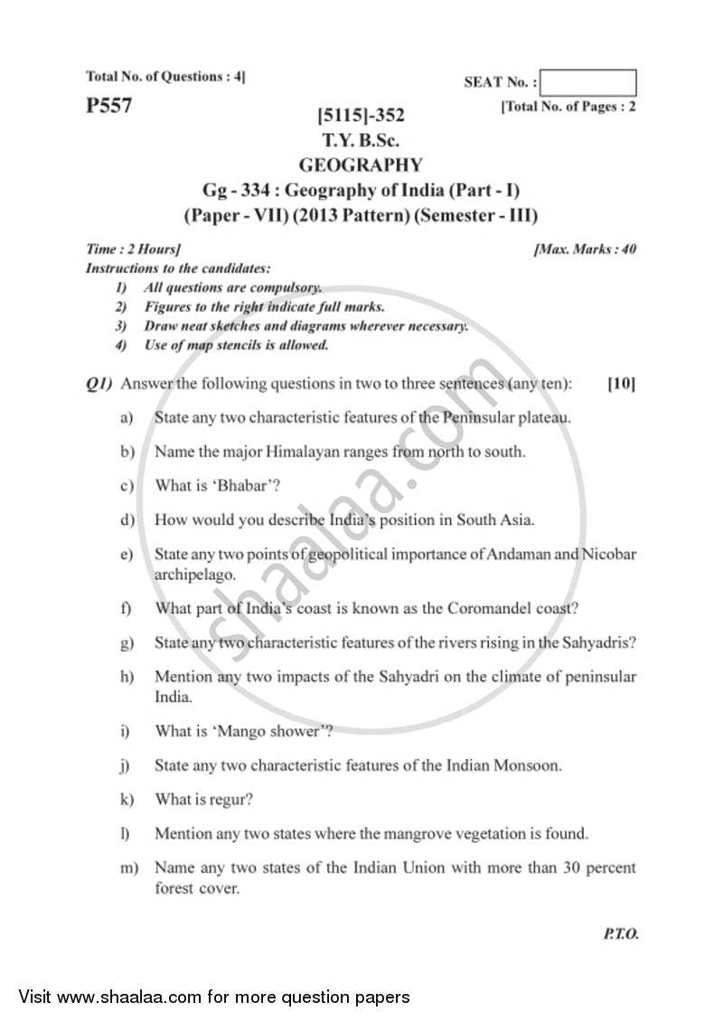 Geography of India 1 2016-2017 - B.Sc. - Semester 5 (TYBSc) - University of Pune question paper with PDF download