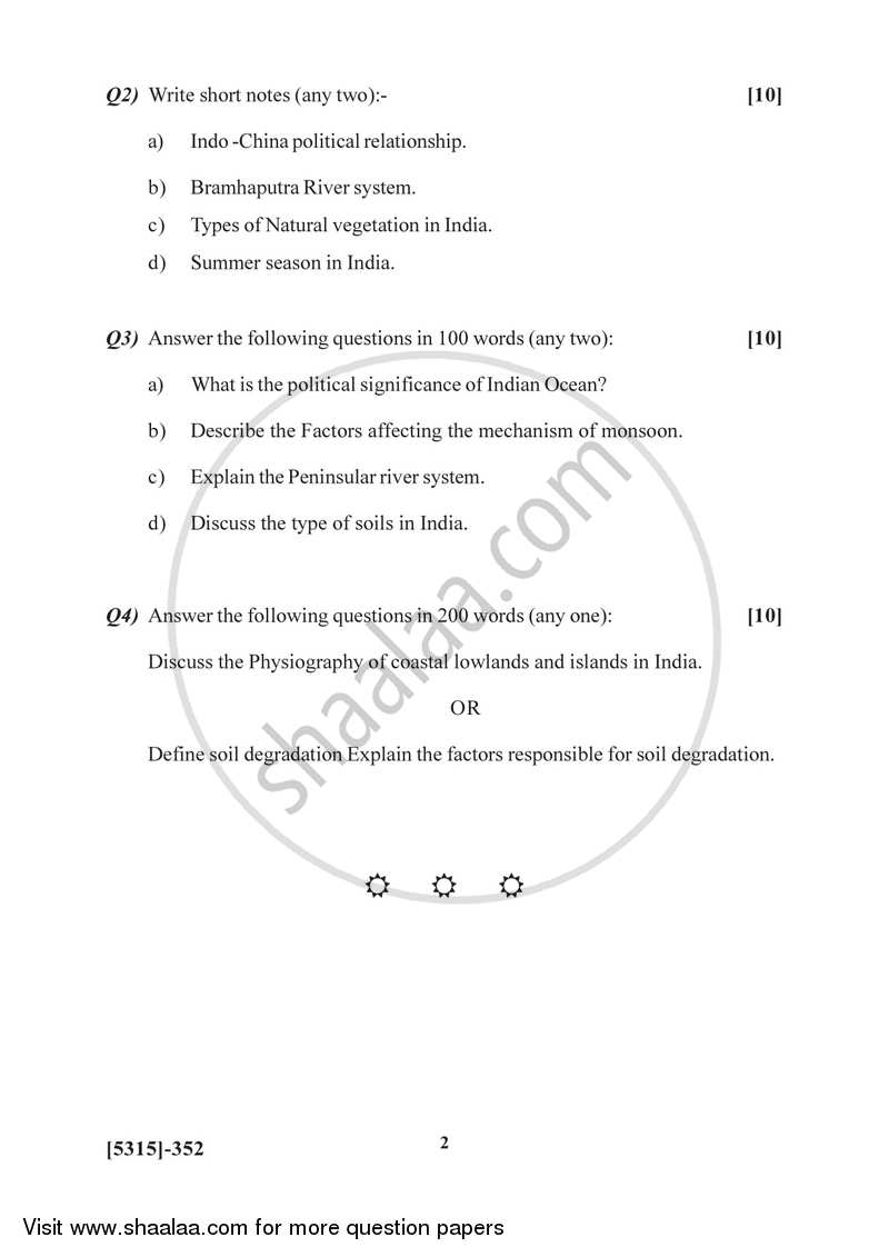 Geography of India 1 2017-2018 - B.Sc. - Semester 5 (TYBSc) - University of Pune question paper with PDF download