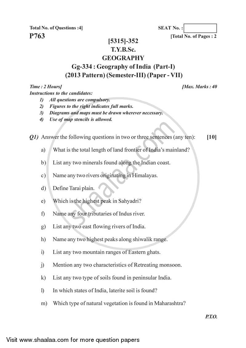 Geography of India 1 2017-2018 - B.Sc. - Semester 5 (TYBSc) - University of Pune question paper with PDF download