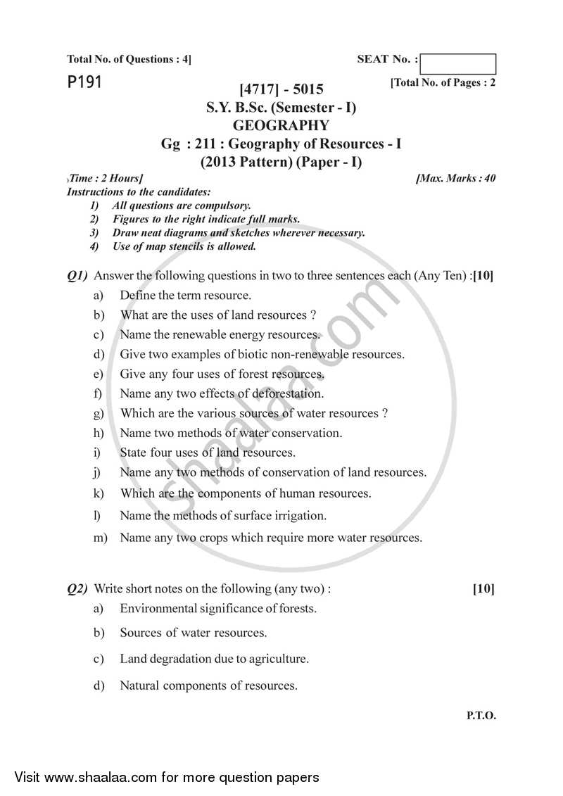 Geography of Resources 1 2014-2015 - B.Sc. - Semester 3 (SYBSc) - University of Pune question paper with PDF download