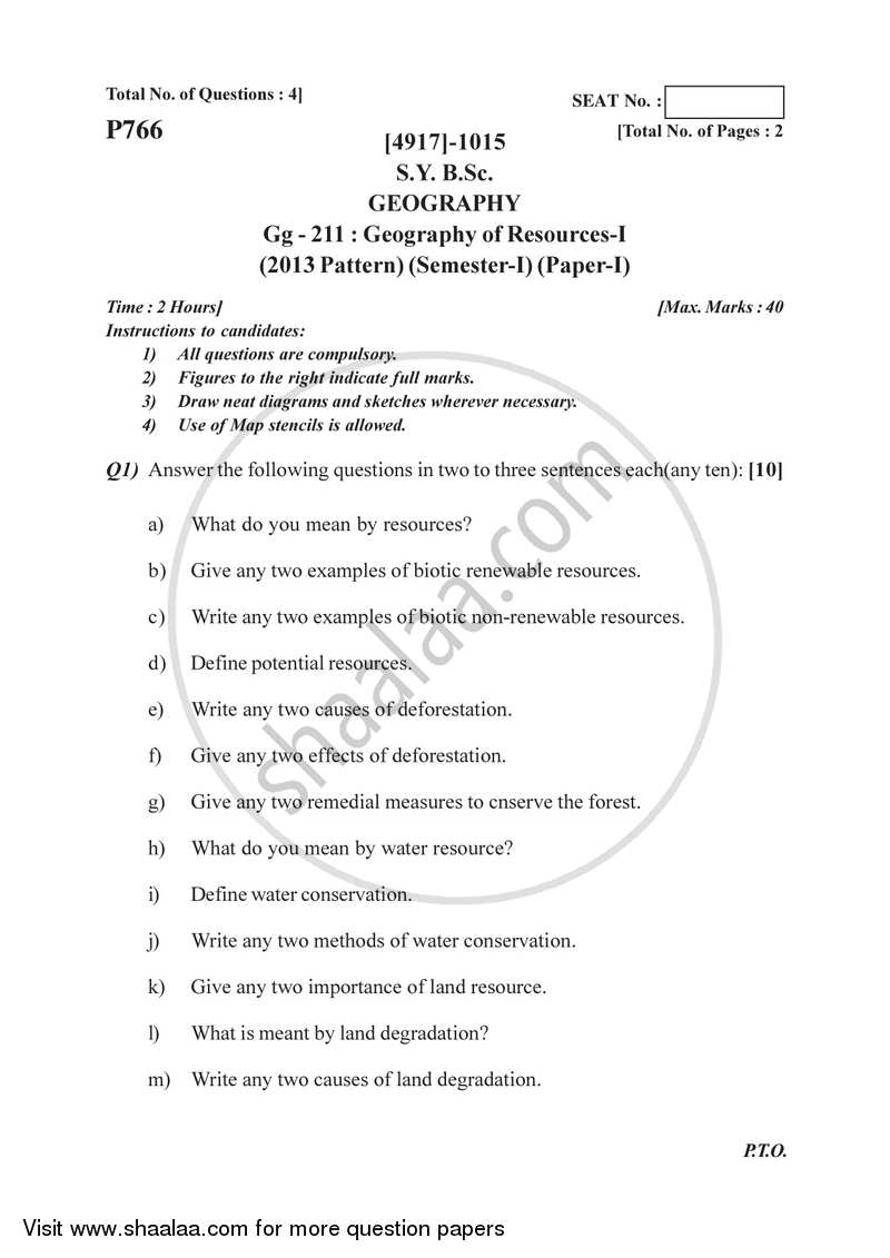 Geography of Resources 1 2015-2016 - B.Sc. - Semester 3 (SYBSc) - University of Pune question paper with PDF download