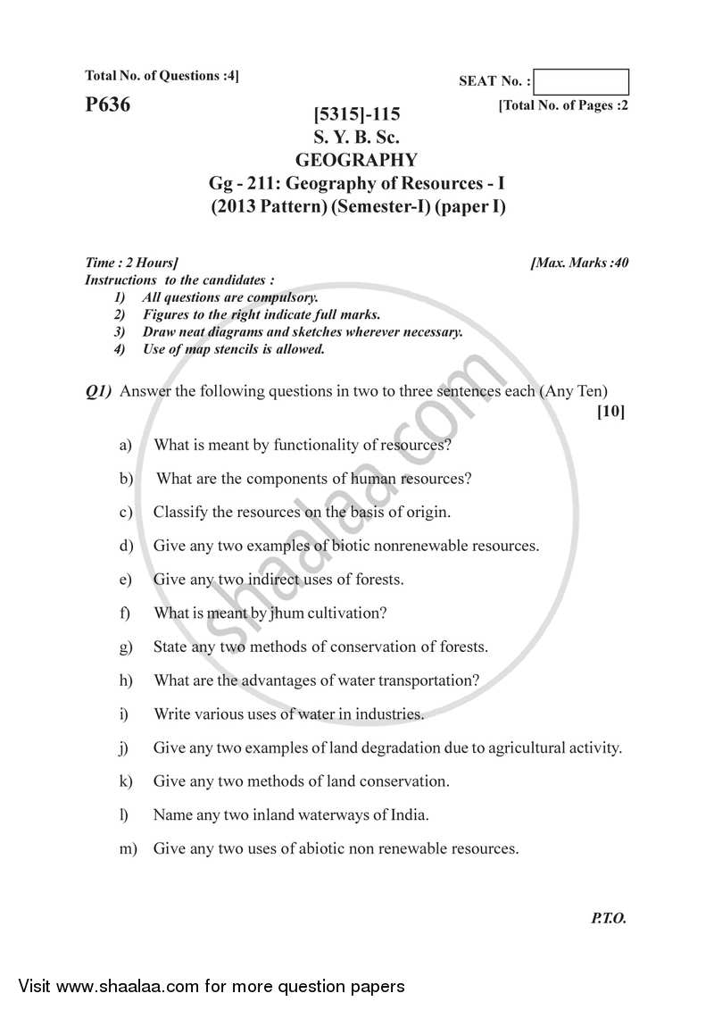 Geography of Resources 1 2017-2018 - B.Sc. - Semester 3 (SYBSc) - University of Pune question paper with PDF download