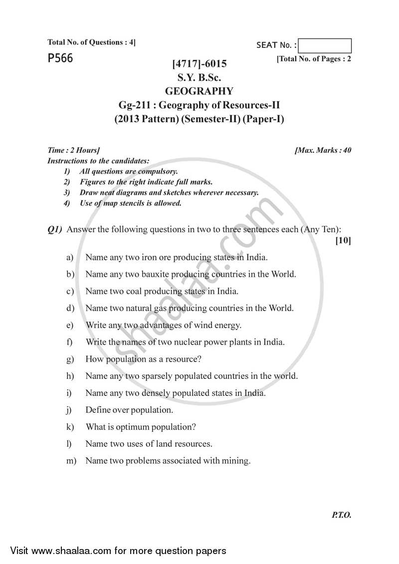 Geography of Resources 2 2014-2015 - B.Sc. - Semester 4 (SYBSc) - University of Pune question paper with PDF download