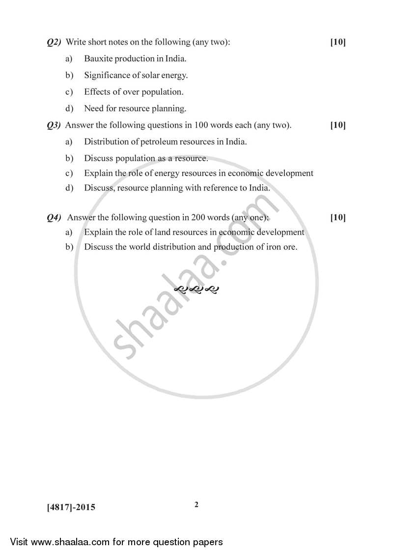 Geography of Resources 2 2015-2016 - B.Sc. - Semester 4 (SYBSc) - University of Pune question paper with PDF download