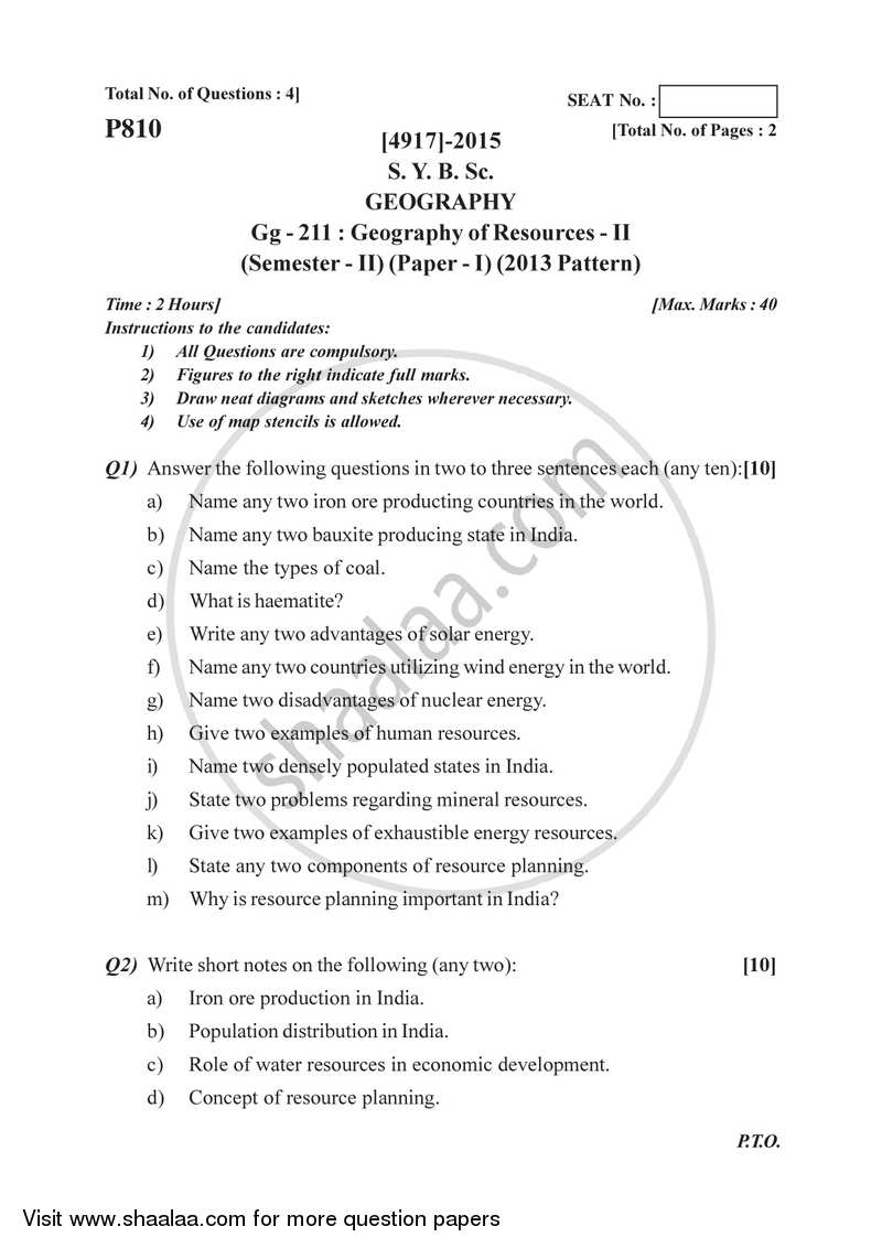 Geography of Resources 2 2015-2016 - B.Sc. - Semester 4 (SYBSc) - University of Pune question paper with PDF download