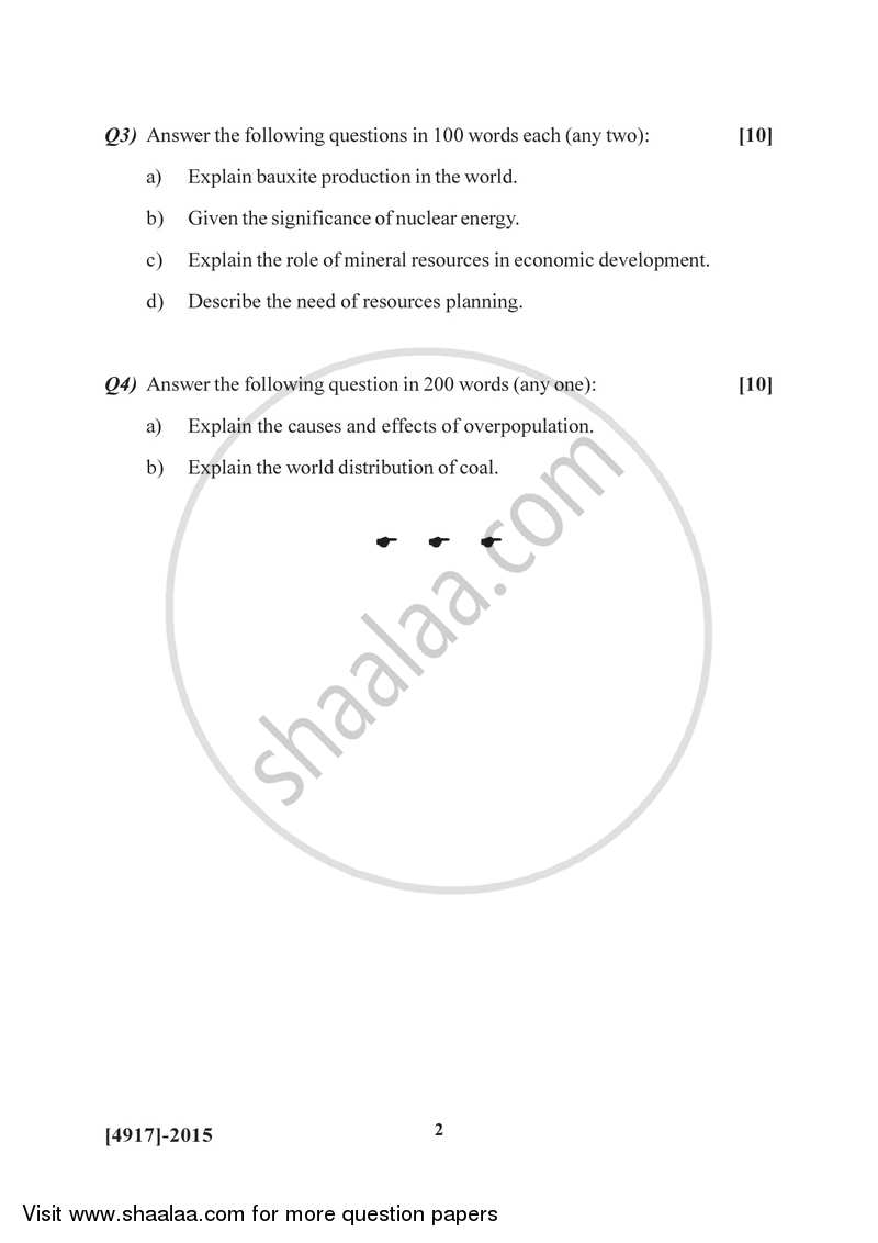 Geography of Resources 2 2015-2016 - B.Sc. - Semester 4 (SYBSc) - University of Pune question paper with PDF download