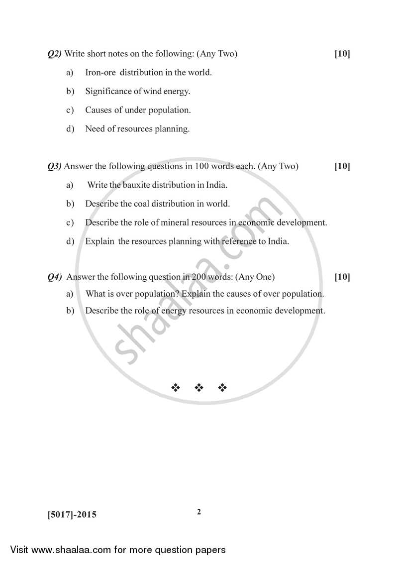Geography of Resources 2 2016-2017 - B.Sc. - Semester 4 (SYBSc) - University of Pune question paper with PDF download