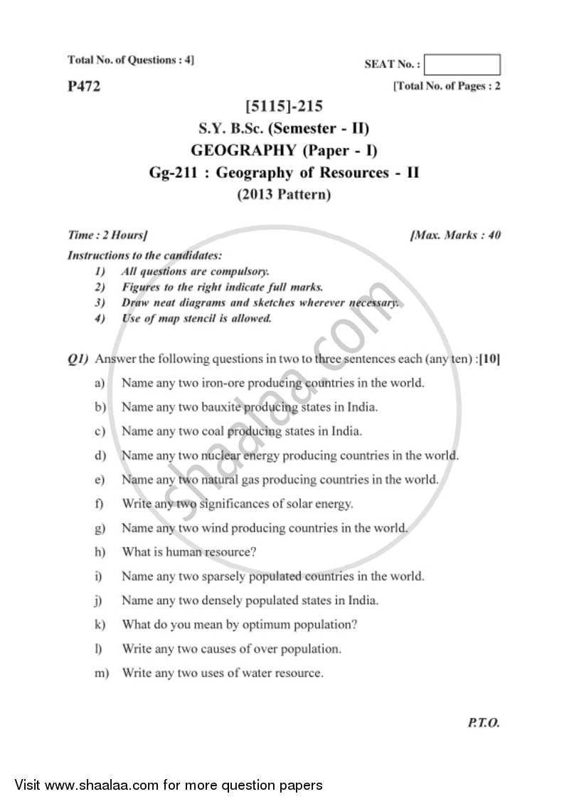 Geography of Resources 2 2016-2017 - B.Sc. - Semester 4 (SYBSc) - University of Pune question paper with PDF download