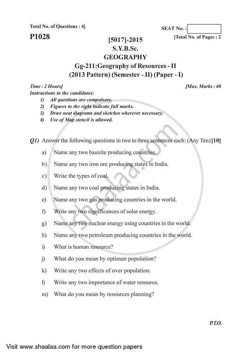 Geography of Resources 2 2016-2017 - B.Sc. - Semester 4 (SYBSc) - University of Pune question paper with PDF download