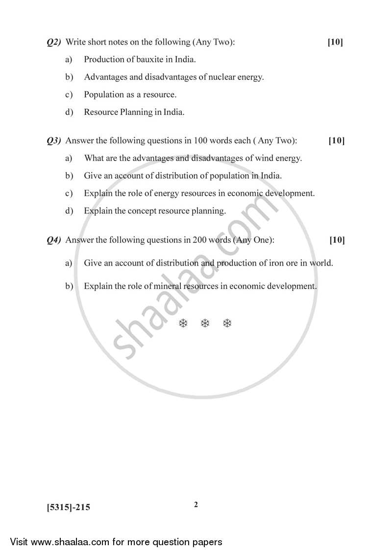 Geography of Resources 2 2017-2018 - B.Sc. - Semester 4 (SYBSc) - University of Pune question paper with PDF download