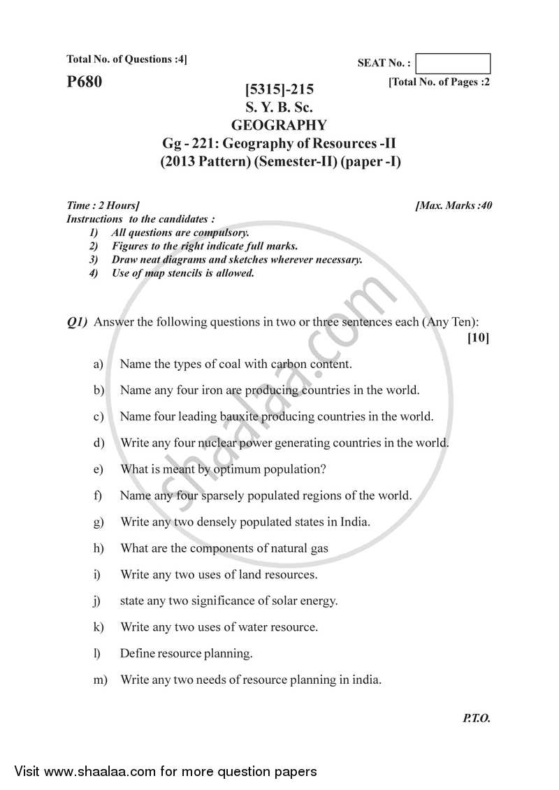 Geography of Resources 2 2017-2018 - B.Sc. - Semester 4 (SYBSc) - University of Pune question paper with PDF download