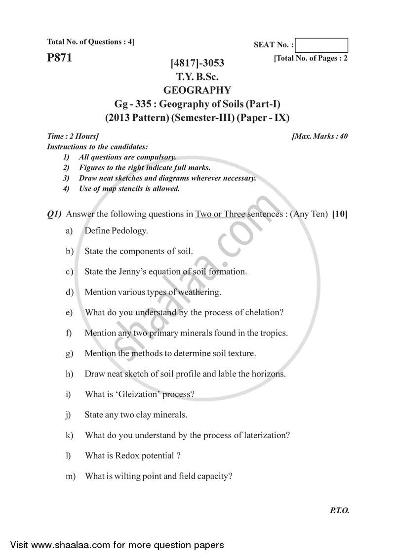 Geography of Soils 1 2015-2016 - B.Sc. - Semester 5 (TYBSc) - University of Pune question paper with PDF download