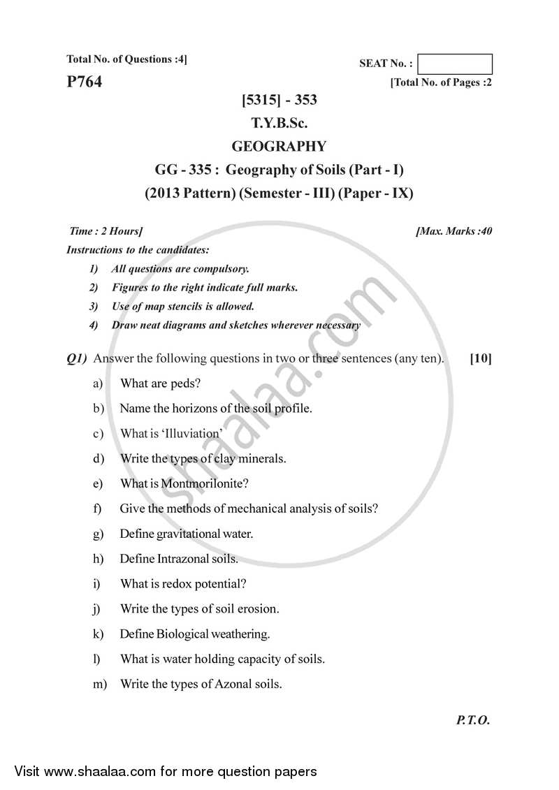 Geography of Soils 1 2017-2018 - B.Sc. - Semester 5 (TYBSc) - University of Pune question paper with PDF download
