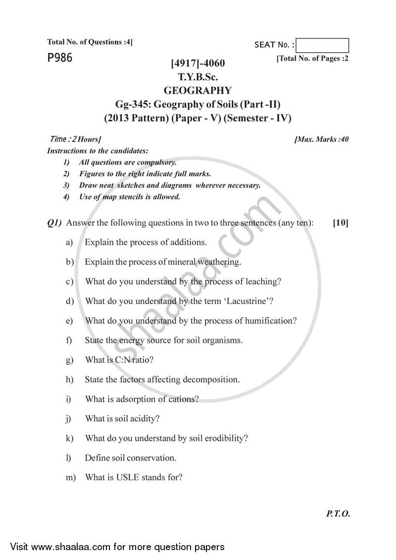 Geography of Soils 2 2015-2016 - B.Sc. - Semester 6 (TYBSc) - University of Pune question paper with PDF download