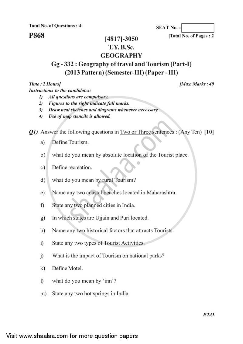 Geography of Travel and Tourism 1 2015-2016 - B.Sc. - Semester 5 (TYBSc) - University of Pune question paper with PDF download