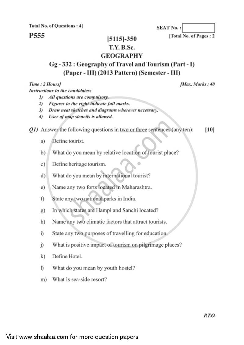 Geography of Travel and Tourism 1 2016-2017 - B.Sc. - Semester 5 (TYBSc) - University of Pune question paper with PDF download