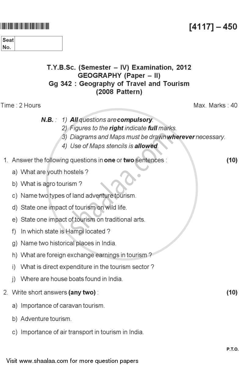 Geography of Travel and Tourism 2 2011-2012 - B.Sc. - Semester 6 (TYBSc) - University of Pune question paper with PDF download