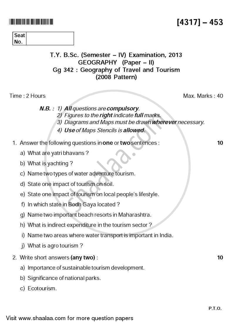 Geography of Travel and Tourism 2 2012-2013 - B.Sc. - Semester 6 (TYBSc) - University of Pune question paper with PDF download