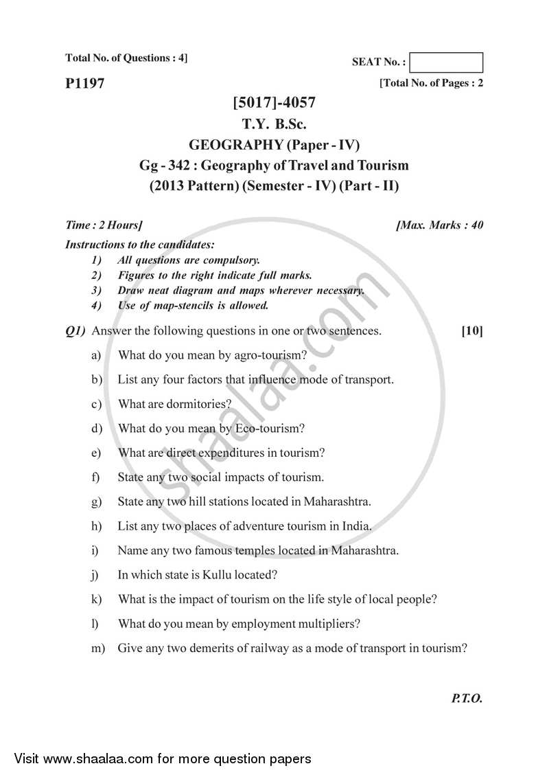 Geography of Travel and Tourism 2 2016-2017 - B.Sc. - Semester 6 (TYBSc) - University of Pune question paper with PDF download