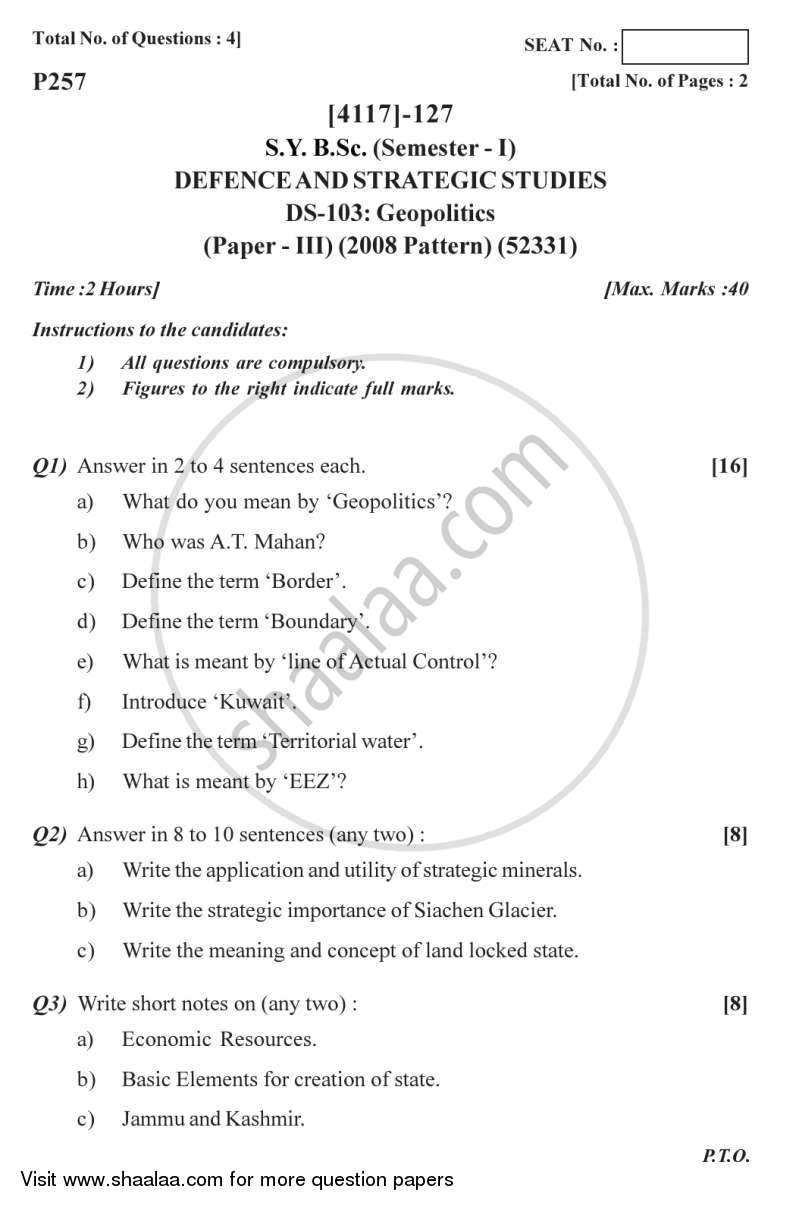 Geopolitics 2012-2013 - B.Sc. - Semester 3 (SYBSc) - University of Pune question paper with PDF download